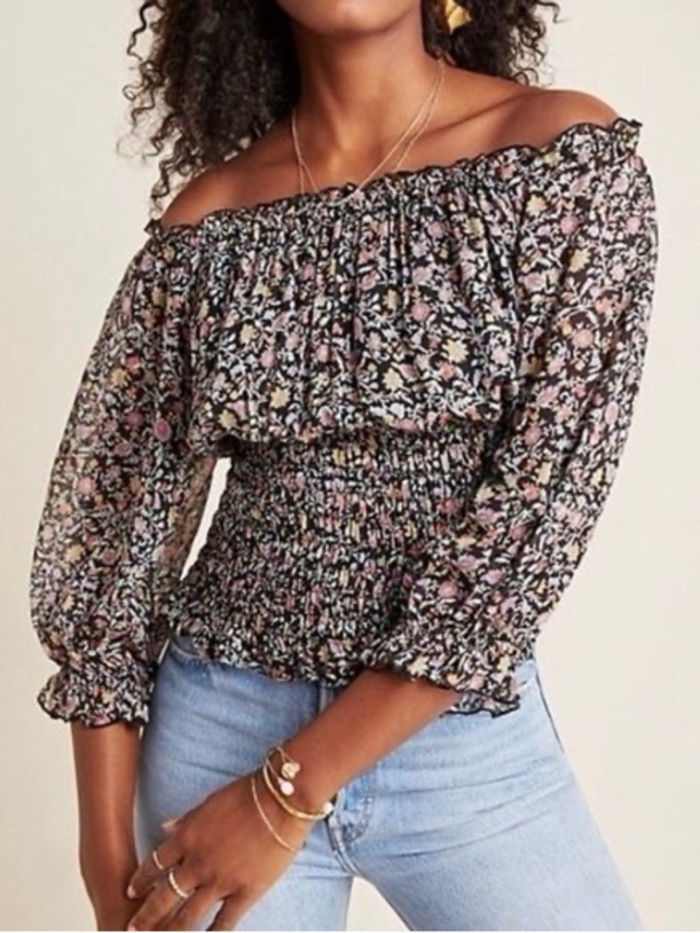 Anthropologie Off The Shoulder Black Floral Smocked Peasant Blouse